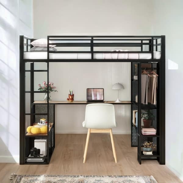 slide 2 of 11, Black Full Size Space-Saving Bed with Open Wardrobe, Desk and Shleves Black