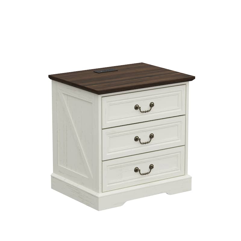 Farmhouse Nightstand with Charging Station, 3 Drawer Bedside Table with 2 AC Outlets & 2 USB Ports, Rustic Wood End Table