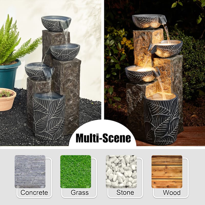 Glitzhome 32.75"H Oversized 4-Tier Leaf Textured Resin Outdoor LED Fountain