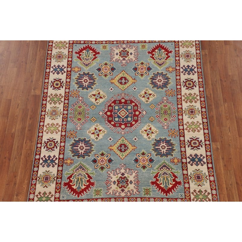 Traditional Light Blue Geometric Kazak Rug Hand-Knotted Wool Carpet - 4'11" x 6'9"