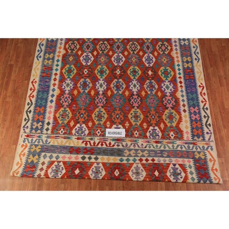 All-Over Geometric Kilim Oriental Area Rug Hand-Woven Wool Carpet - 8'5"x 11'11"