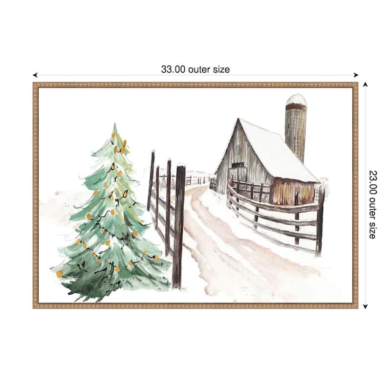 Snowy Vermont Farm by Patricia Pinto (33 x 23 in.), Framed Canvas Wall Art Print - Sylvie Beaded Rustic Natural