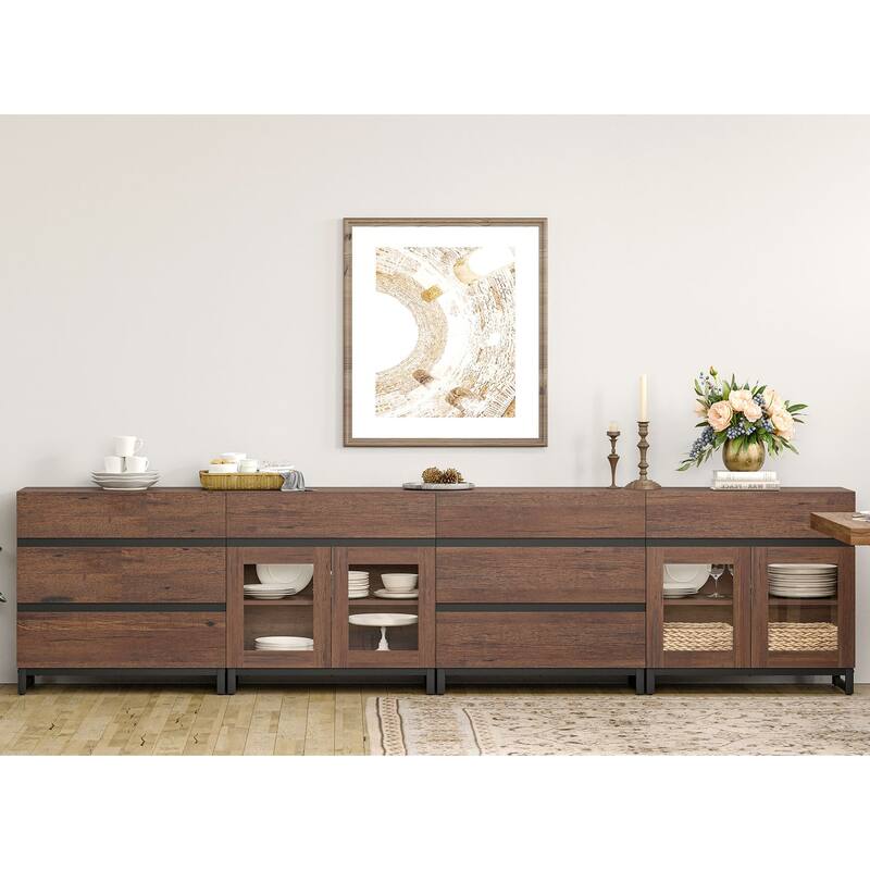 4-in-1 Multifunctional Sideboard Buffet with 8 Drawers & Glass Doors, Modern Credenza with Adjustable Shelf & Metal Base.