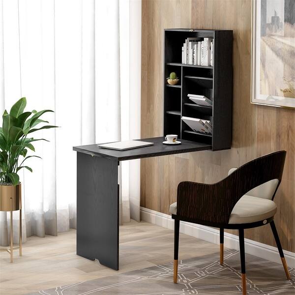 Merax Wall Mounted Foldable Table Convertible Desk With Shelves Overstock 30731540
