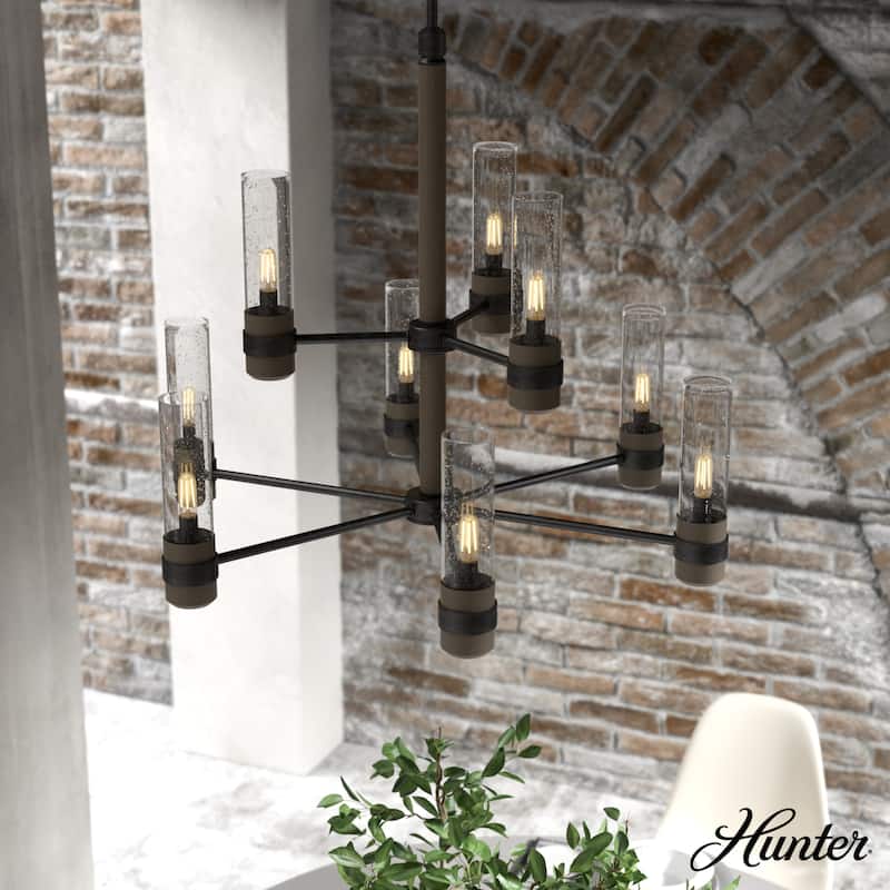 Hunter River Mill Chandelier - Dining Room, Entry - Modern Mountain, Rustic, Round, Industrial - 30" 9 Light - Rustic Iron-French Oak