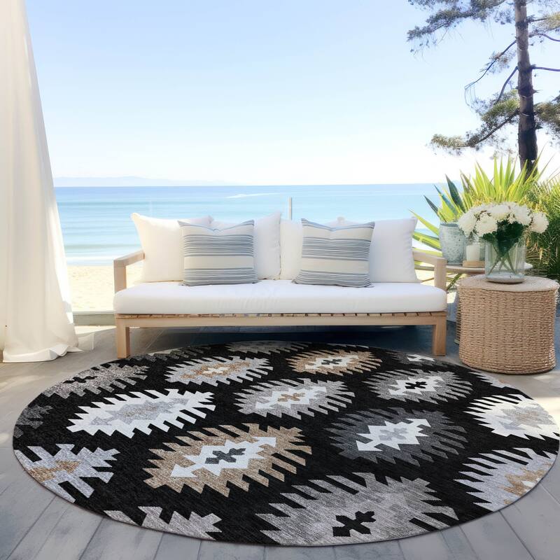 Machine Washable Indoor/ Outdoor Boho Tribal Chantille Rug - Black - 8' x 8'