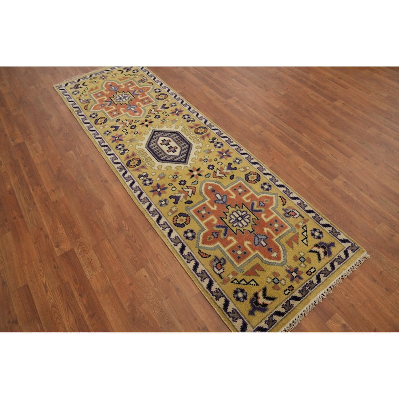 Hand-knotted Traditional Wool Yellow Geometric Area Rug Oriental Carpet - 8' 0'' X 2' 7''