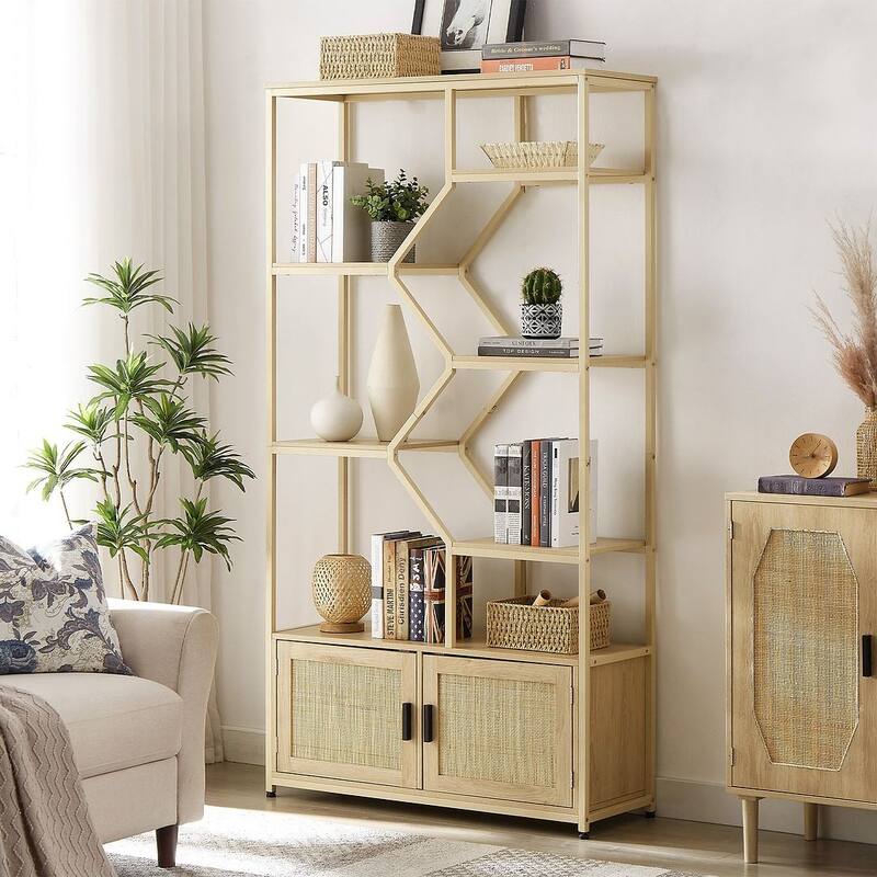 Tall Bookshelf with Storage Cabinet Door and Shelf - 39.4'' W x 13.8'' D x 75.6'' H