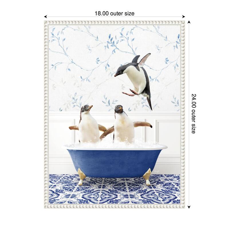 Kate and Laurel Sylvie Penguins in Eclectic Blue Bath Framed Canvas by Amy Peterson