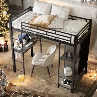 Twin Size Metal Loft Bed Frame with Desk, Wardrobe And Storage Shelves Under The Bed