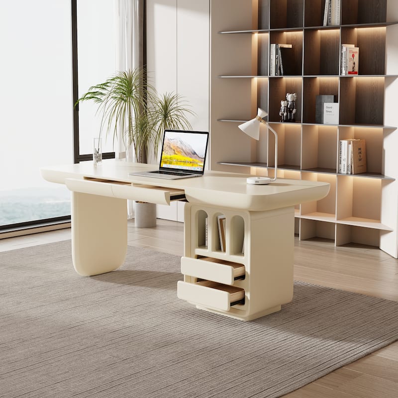 70.87" Beige Writing Desk, with 4 Drawers, Retangular Shaped, Round edges for Meeting Room