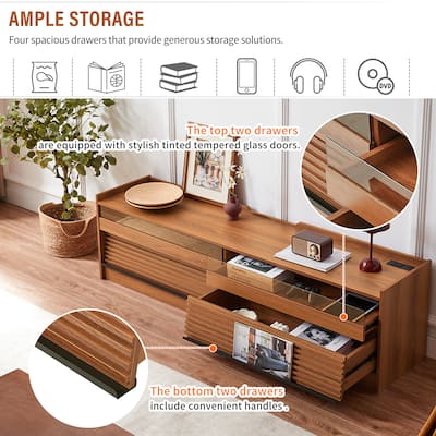 Mid-Century Modern TV Stand with LED Light Strip & 4 Drawers, Built-in Charging Outlets Media Console Table for Living Room