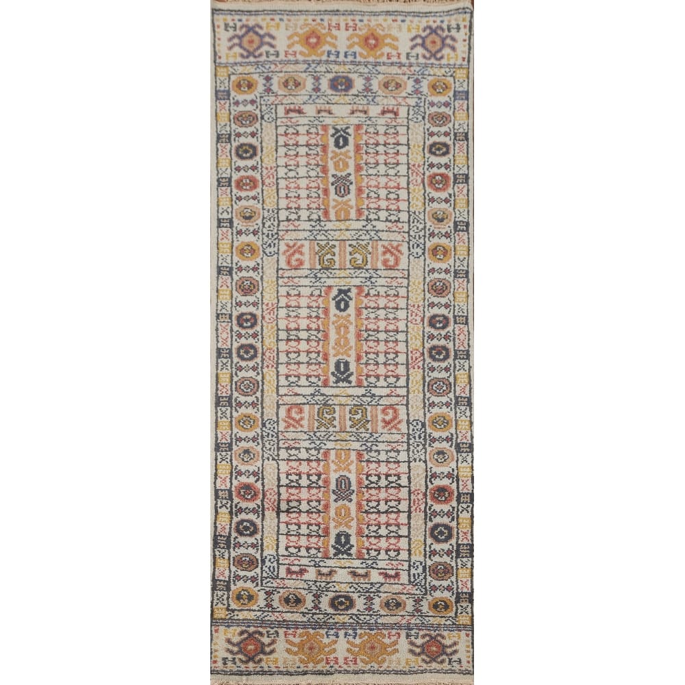 Geometric Khotan Oriental Runner Rug Hand-Knotted Wool Carpet - 2'6" x 8'0"