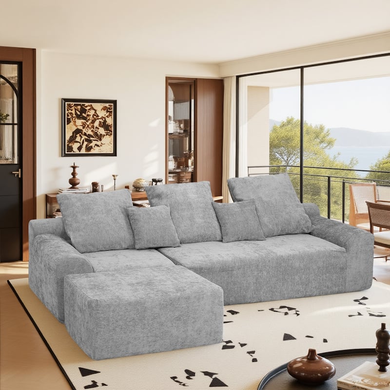Anmytek 111.2 Soft Grey Melange Chenille Modern Modular L Shaped Sectional Sofa with Adjustable Configurations