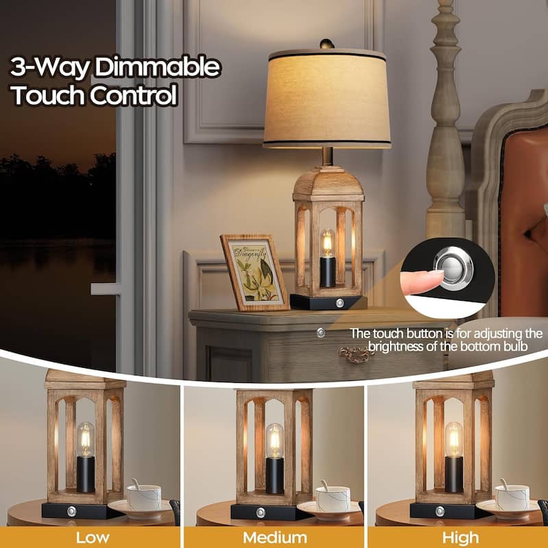 Farmhouse Lamps Set of 2 with USB A+C and Nightlight, 26" Rustic Bedside Lamps with 3-Way Dimmable Touch Control