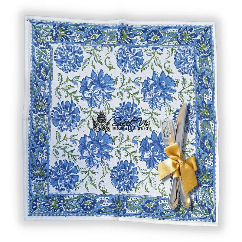 Bursting Floral Block Print Cotton Tablecloth Collection - Set of 4 Napkins