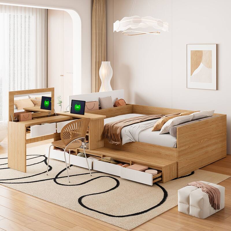 Wooden Platform Bed with L Shaped Dressing Table, Full Size Storage Bed Frame with 6 Drawers, Shelves and Storage Headboard - Natural - Full