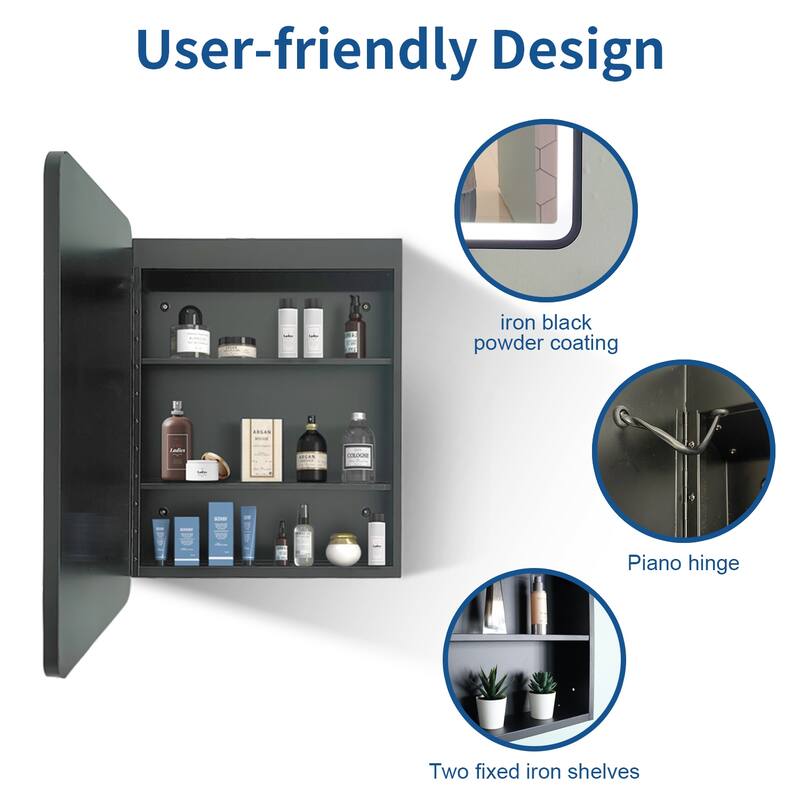 Framed Wall-Mounted Medicine Cabinet with Mirror, 3-Color Temperature LED Lighting, Anti-Fog, Black Iron Powder Material