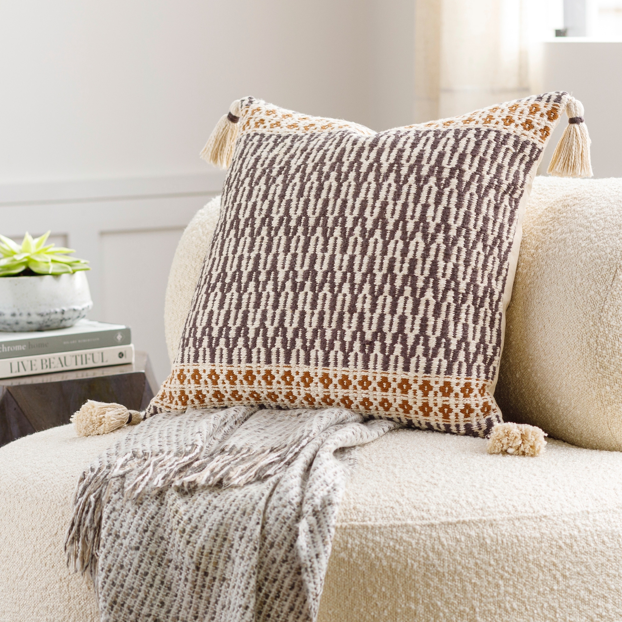 Marinae Transitional Geometric Throw Pillow with Tassels