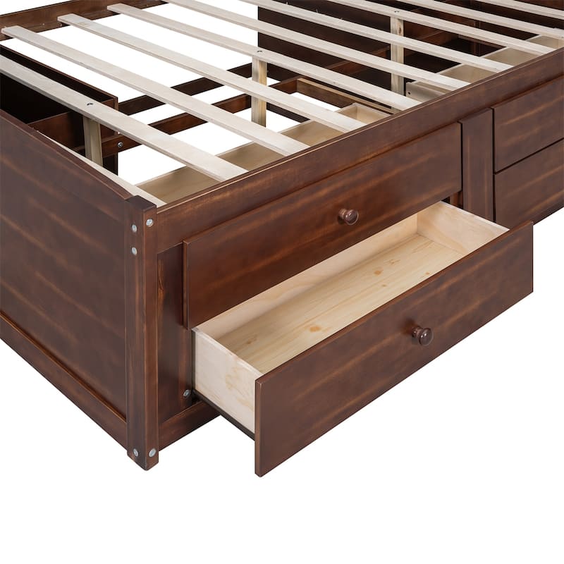 Full Size Wooden Captain Bed with Built-in Storage Shelves, 4 Drawers