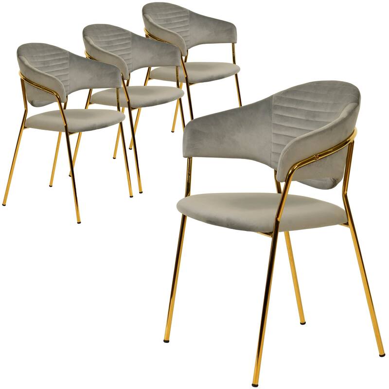 LeisureMod Set of 4 Bella Upholstered Leather/Velvet Accent Dining Chair in Gold Base for Home, Dining Room & Kitchen Furniture - Light Grey