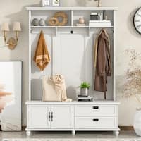 Entryway White Hall Tree Storage Bench Free Stand Clothes Hat Rack ...