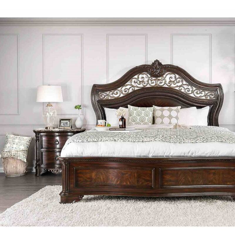 Brown Cherry Finish Royal Bedroom Set Bed Nightstand Dresser Mirror Chest