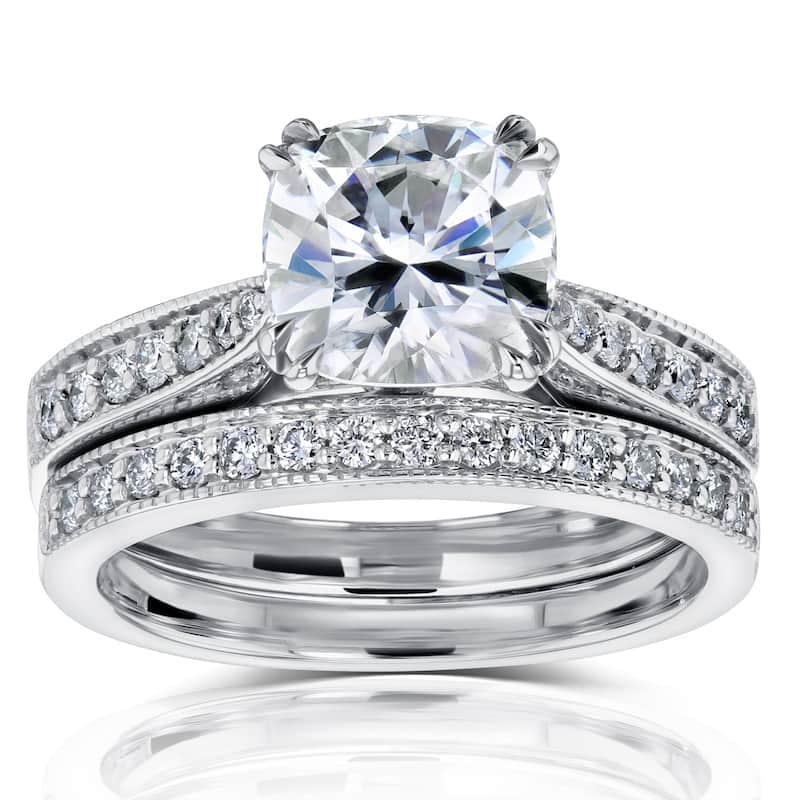 Kobelli 2.33 Carats Moissanite & Natural Diamond Solid 14k White Gold Antique Style Sophie 2pc Bridal Set