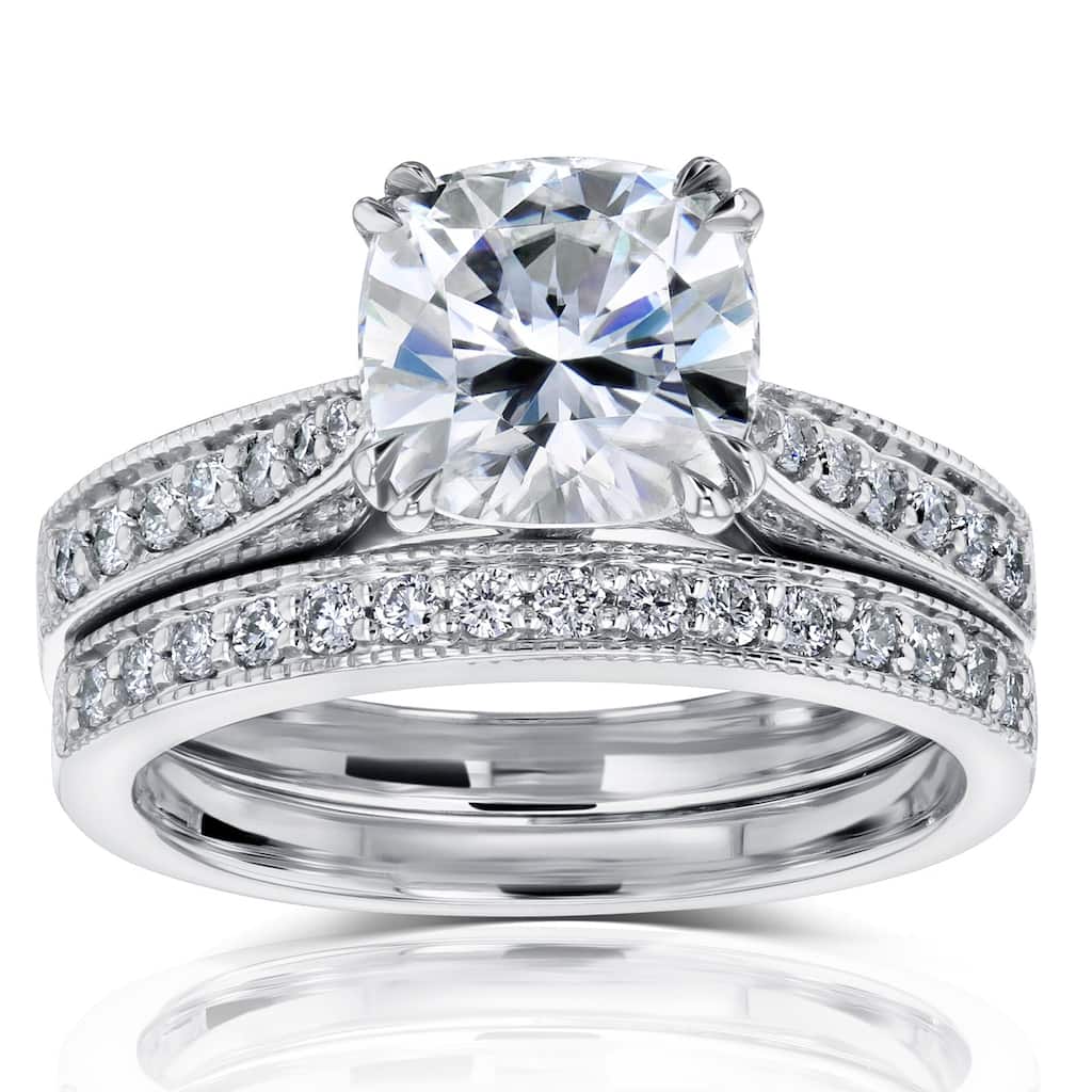 Kobelli 2.33 Carats Moissanite & Natural Diamond Solid 14k White Gold Antique Style Sophie 2pc Bridal Set