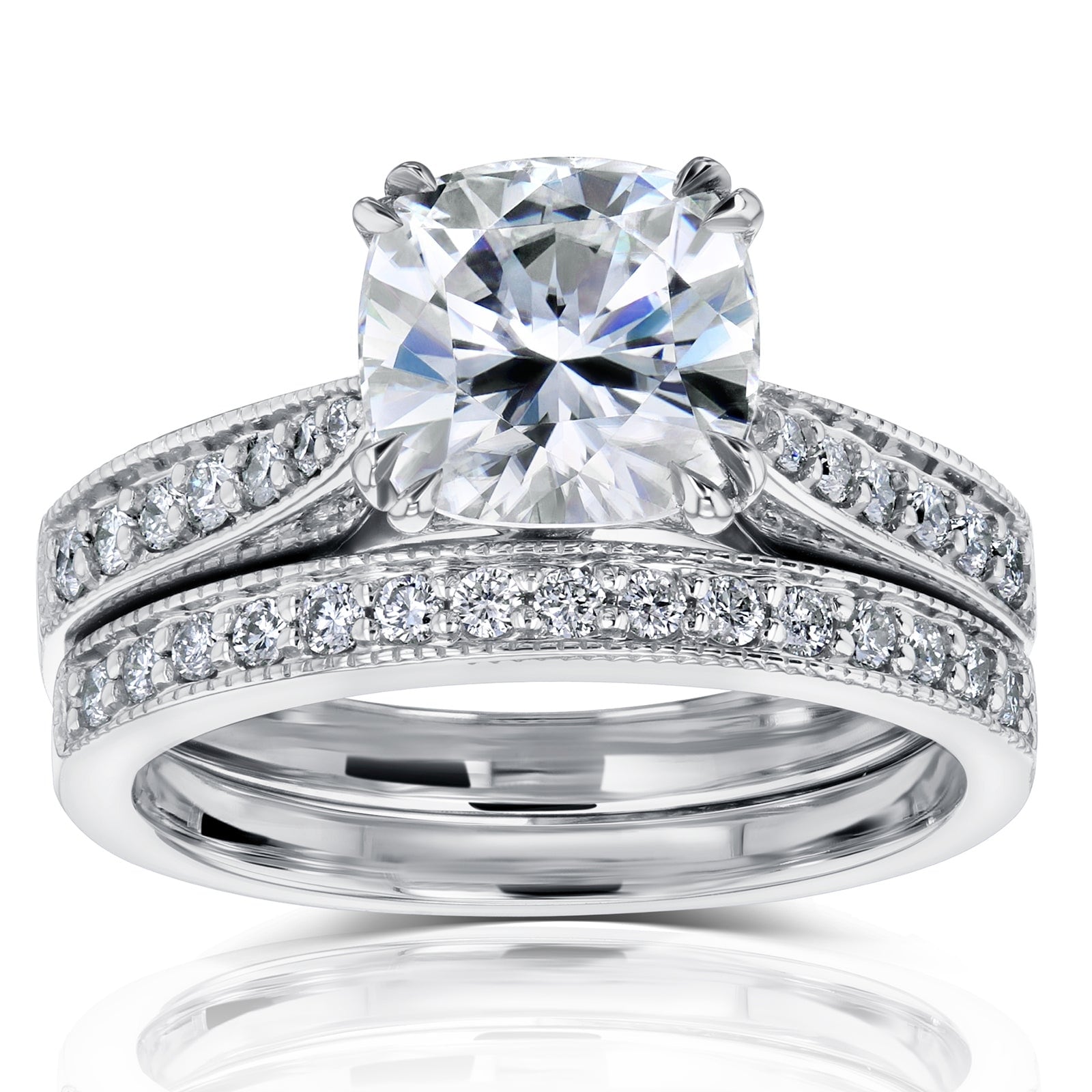 Kobelli 2.33 Carats Moissanite & Natural Diamond Solid 14k White Gold Antique Style Sophie 2pc Bridal Set