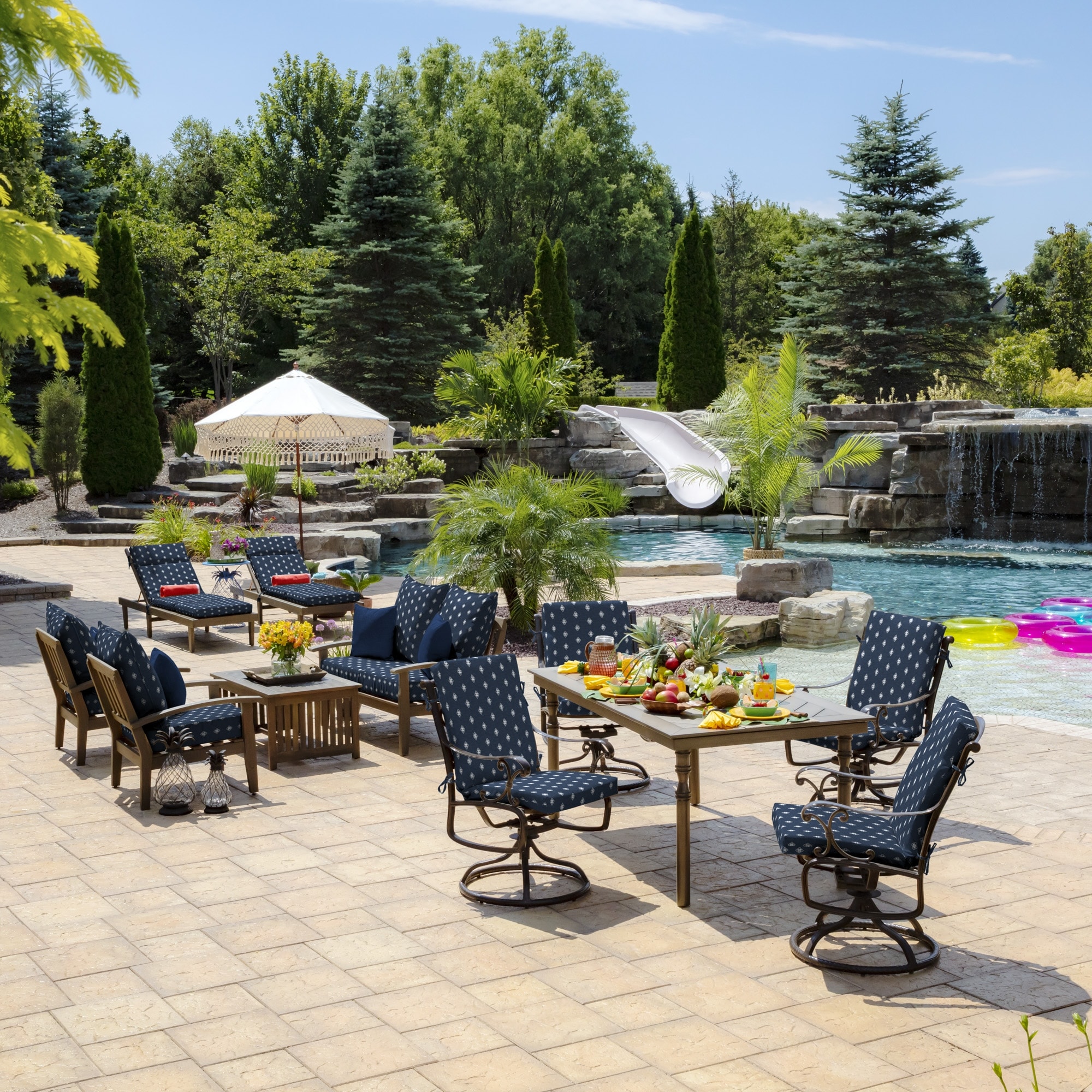 arden outdoor patio umbrellas Outsunny 15ft Dark Blue Double-Sided Umbrella, Rust-Resistant Steel & Polyester 4 sets of ties make sure your outdoor chair cushion stays firmly in place ARDEN Damask Outdoor Midback Chair