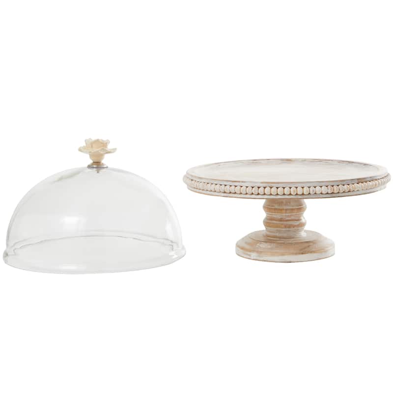 Mango Wood Cake Stand with Glass Dome - Cream - Roche River Decor - 12"W x 12"L x 12"H