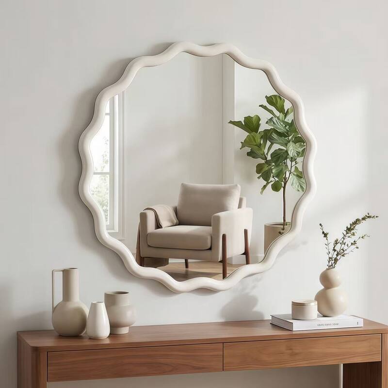 24 inch Wavy Round Solid Wood Frame Decorative Mirror