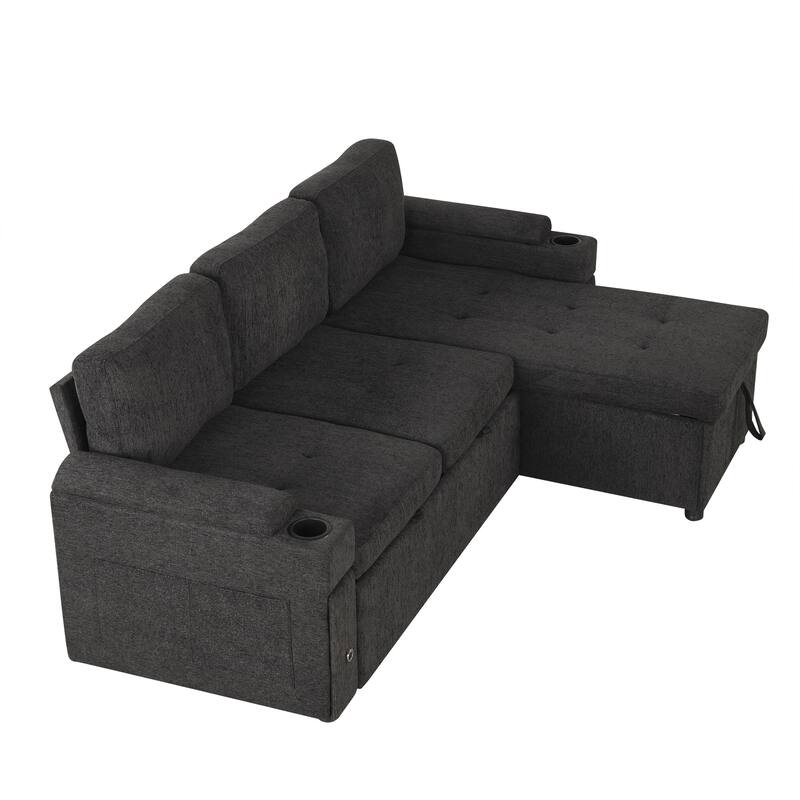 83.5" L-shaped Convertible Sofa Bed with Storage, Cup Holders & USB Ports, Black Chenille