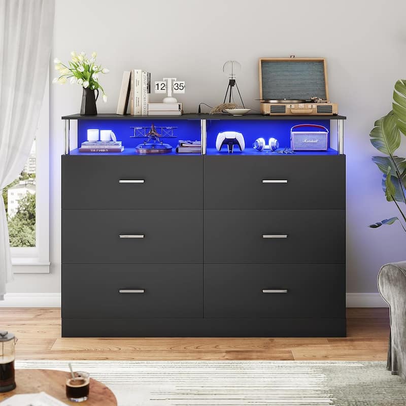 Dresser Bedroom Drawers Dressers Chests of Drawers Charging Station - Black - 6-drawer