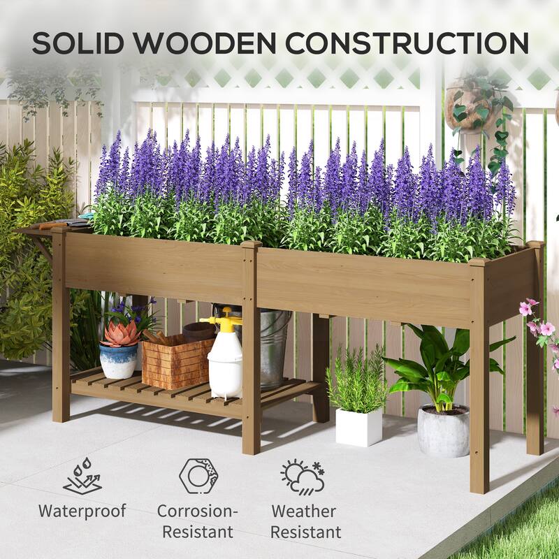 Fir Wood Raised Garden Bed with Bottom Shelf and Moisture-Retaining Liners Foldable Side Table - 81.5" W x 23.2" D x 30.7" H