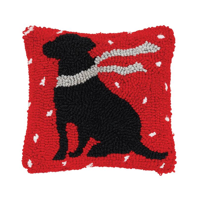 8" x 8" Winter Christmas Black Dog with Scarf Silhouette on Red Background Petite Accent Hooked Throw Pillow
