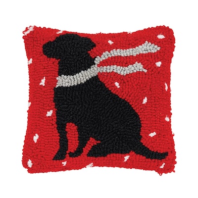 8" x 8" Winter Christmas Black Dog with Scarf Silhouette on Red Background Petite Accent Hooked Throw Pillow