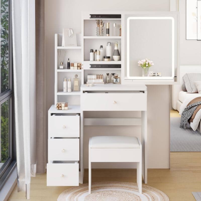 Modern Style Wood Make up Vanity with Lights,Make up Organizer with Cushioned Stool - White