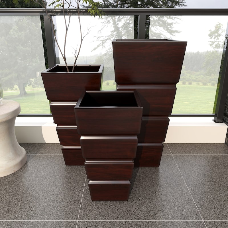 Metal Light Weight Indoor Outdoor Planter with Tapered Base and Fluted Design - Set of 3 Brown - Roche River Decor