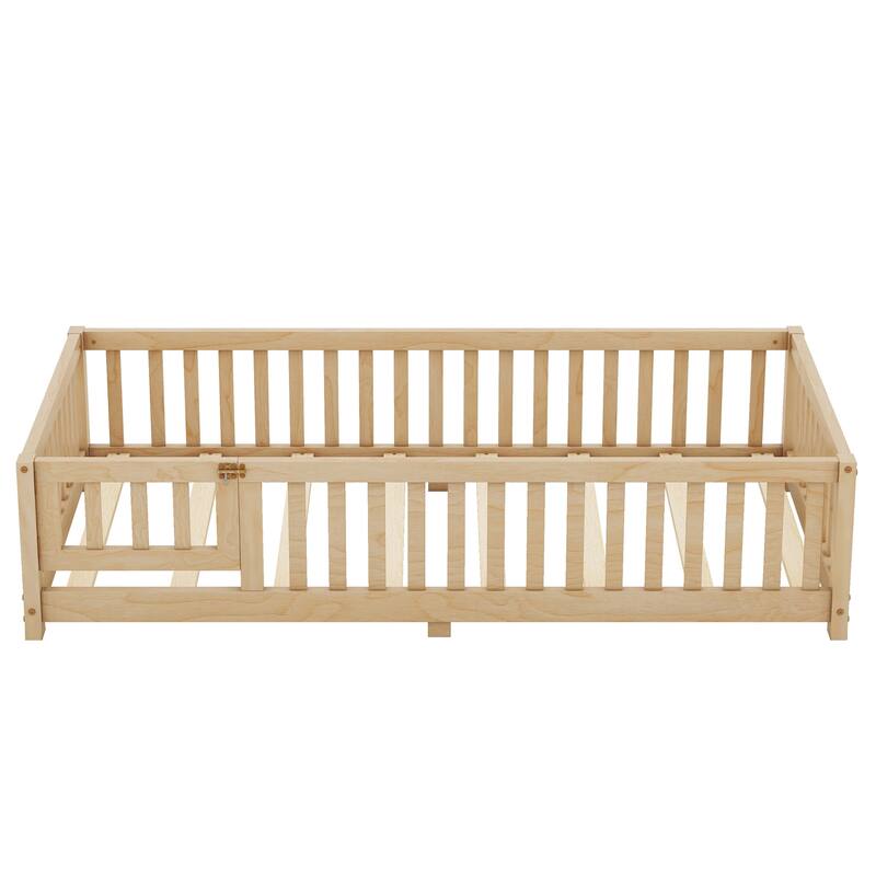 Children's Twin/Full/Queen Floor Bed with Removable Door and Guardrails, Safe and Sturdy Pine Wood Construction
