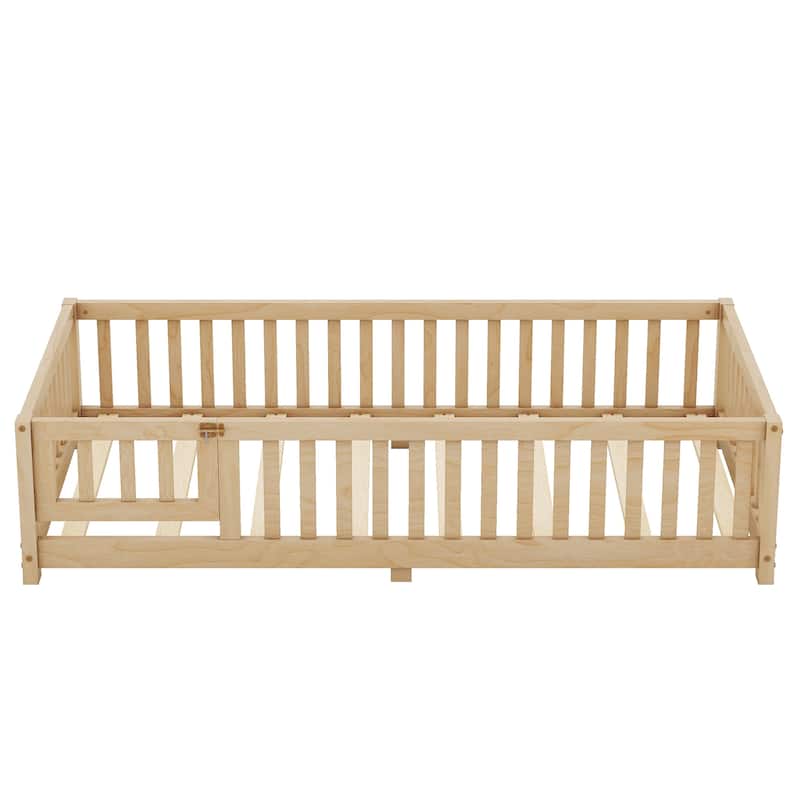 Twin Size Pine Wood Floor Bed with Safety Guardrails and Door for Kids, Boys, Girls, Bedroom