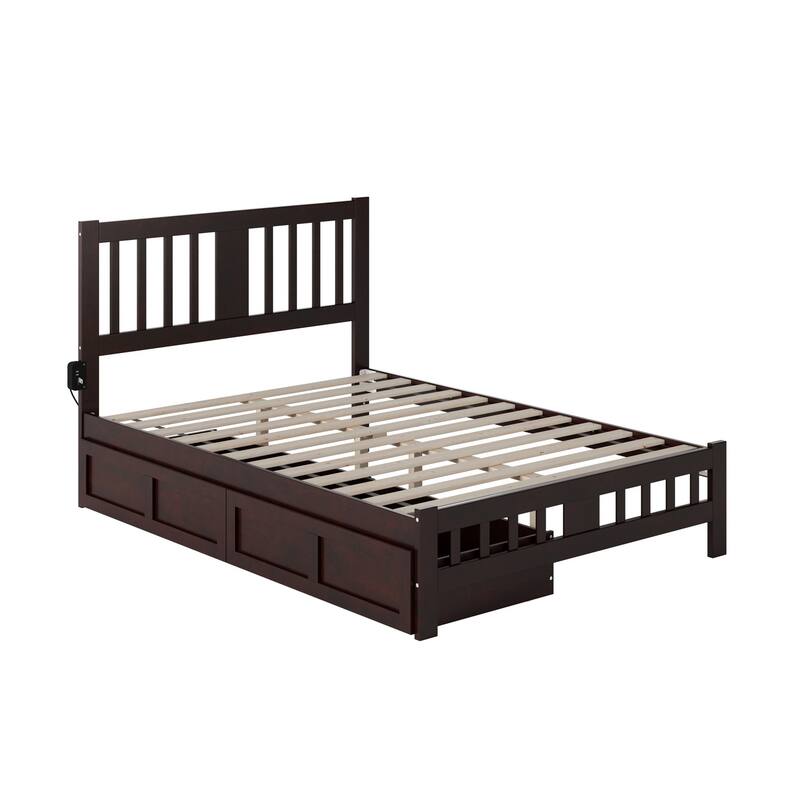 Full Bed with Footboard & Drawers - Espresso Wood Bed Frame, Charging Station, Solid Hardwood Construction