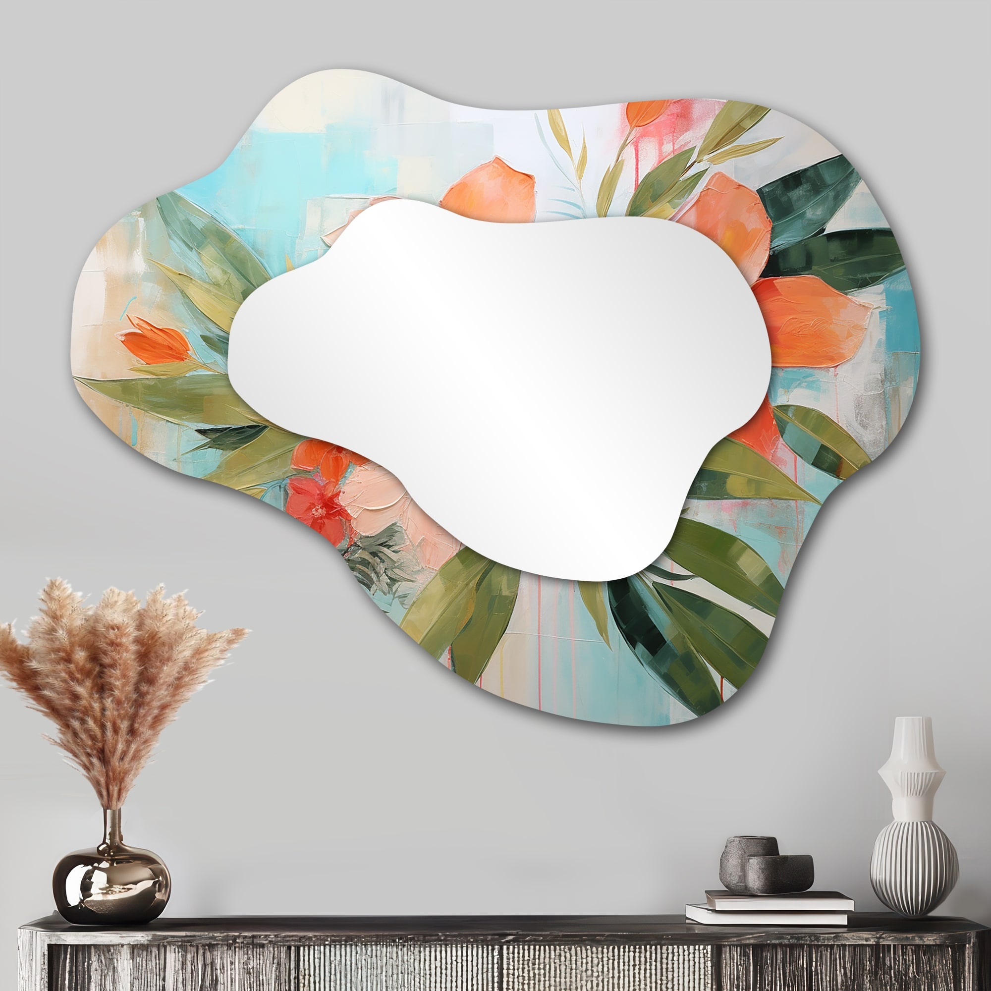 Modern Pink And Green Tropical Flowers - Abstract Collages Wall Mirror Asymmetrical Shapes - Modern Large Wall Mirror
