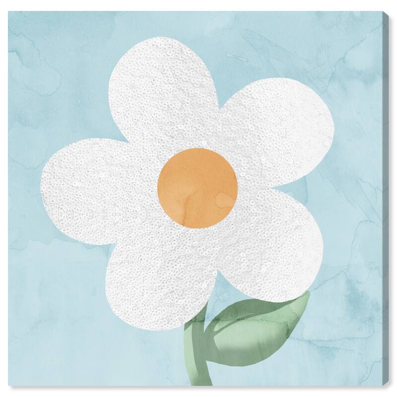 Wynwood Studio Canvas Floral and Botanical Daisy Sequins White and Pastel Blue Modern & Contemporary Wall Art Canvas Print
