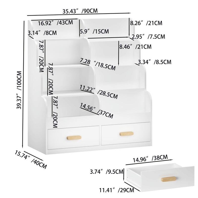 Kids Bookshelf with 2 Storage Drawers - Front-Facing Children's Bookcase and Multi-Tier Toy Organizer