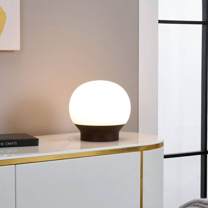 Brightech Marlow LED Walnut Brown Wood Midcentury Round Globe Dimmable Bedside Nightstand Desk Lamp