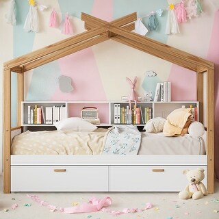 Twin Size Wooden House Bed Original Wood Colored Frame with Two Drawers ...