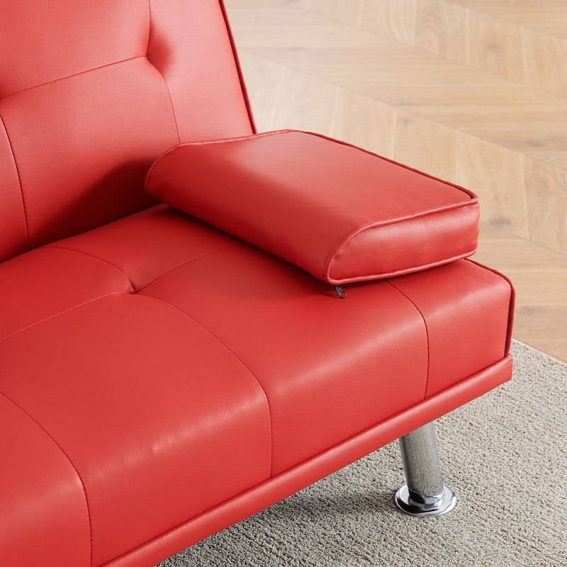 67-inch Red PVC Multifunctional Double Folding Sofa Bed with Coffee Table for Office