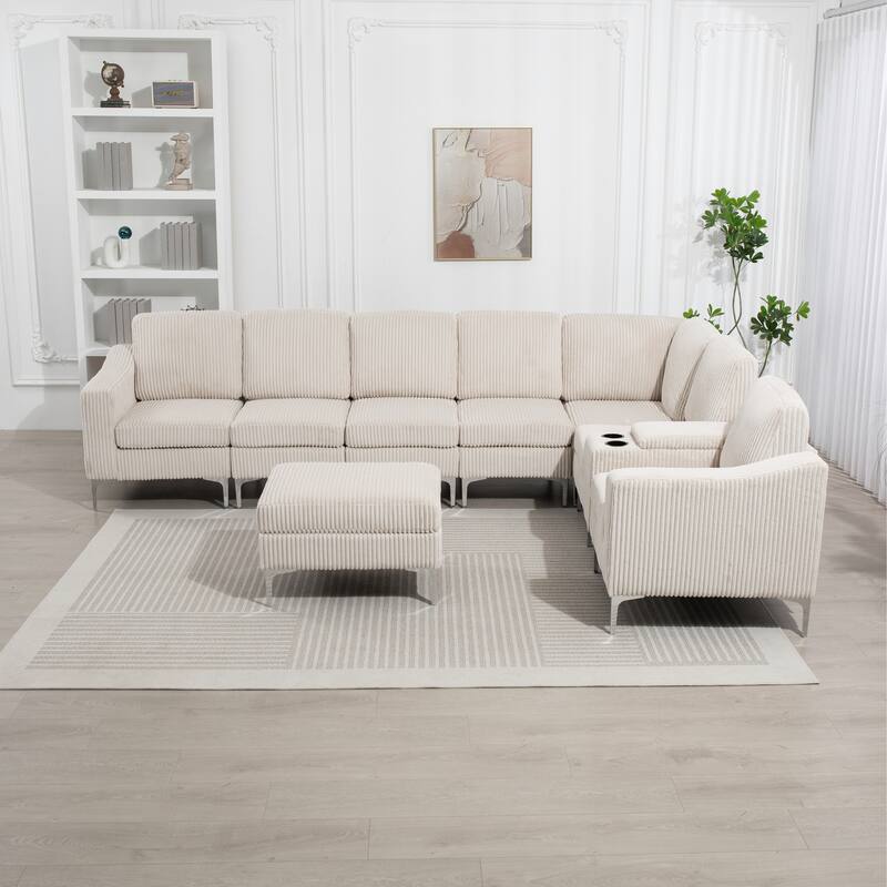 129.14" Corduroy Modular Sectional Sofa with Ottoman